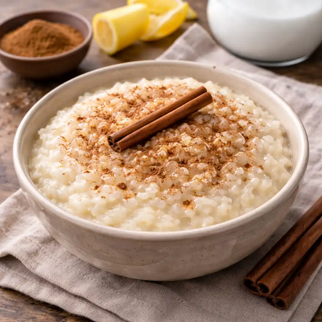Arroz con leche tradicional, cremoso y espeso, servido en cazuela de barro individual y espolvoreado con canela molida.