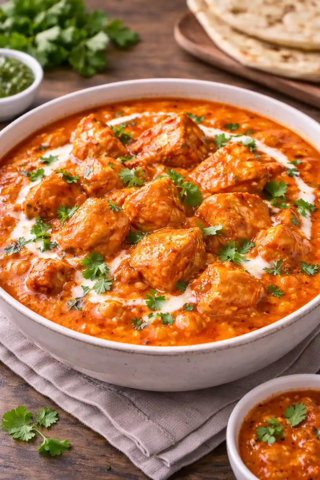 Butter Chicken, trozos de pollo tandoori en salsa cremosa de tomate y mantequilla, servido en un bol con arroz basmati y cilantro fresco.