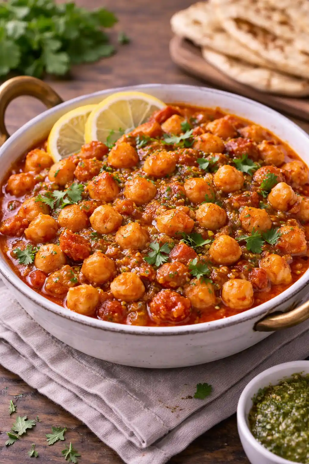 Primer plano del Chana Masala mostrando los garbanzos tiernos en una salsa espesa y aromática de color dorado-marrón, con trozos de tomate y especias visibles.