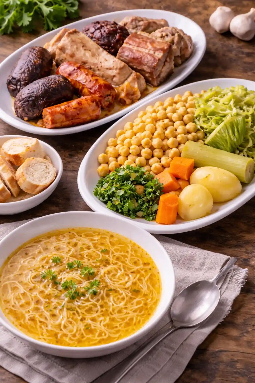 Panna Cotta Italiana 3 Cocido Madrileño completo mostrando sus tres partes: caldo con fideos, garbanzos con verduras y variedad de carnes, en la mesa.