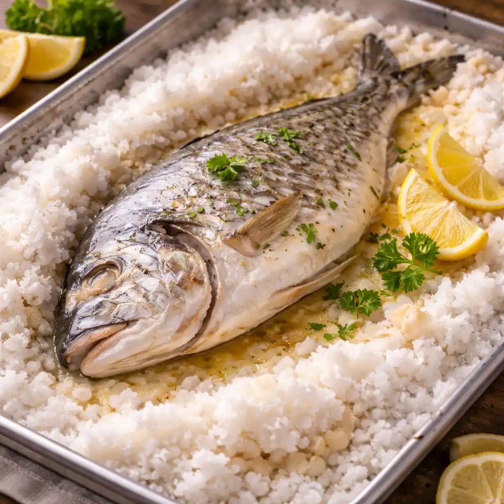 Cocina Mediterránea 12 Dorada entera sin escamar, completamente cubierta por una costra gruesa de sal marina, lista para comer.