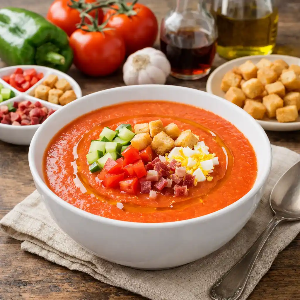 Vegan 3 Gazpacho andaluz tradicional, sopa fría de color rojo anaranjado, servido en un bol o plato hondo con un picadillo de pepino, pimiento, cebolla y croutons aparte.
