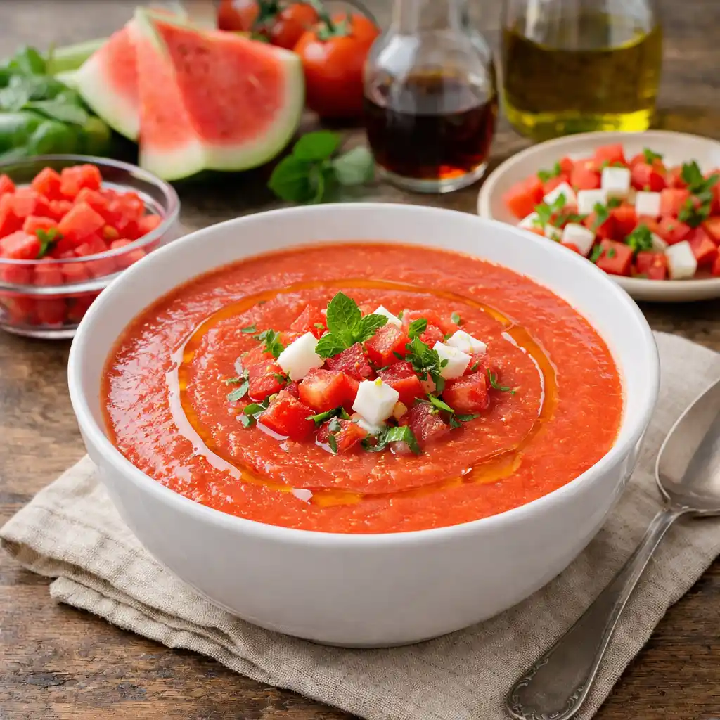 Vegan 7 Gazpacho de sandía, sopa fría de color rosa anaranjado, servido en un bol o vaso y decorado con un picadillo de pepino y menta fresca.