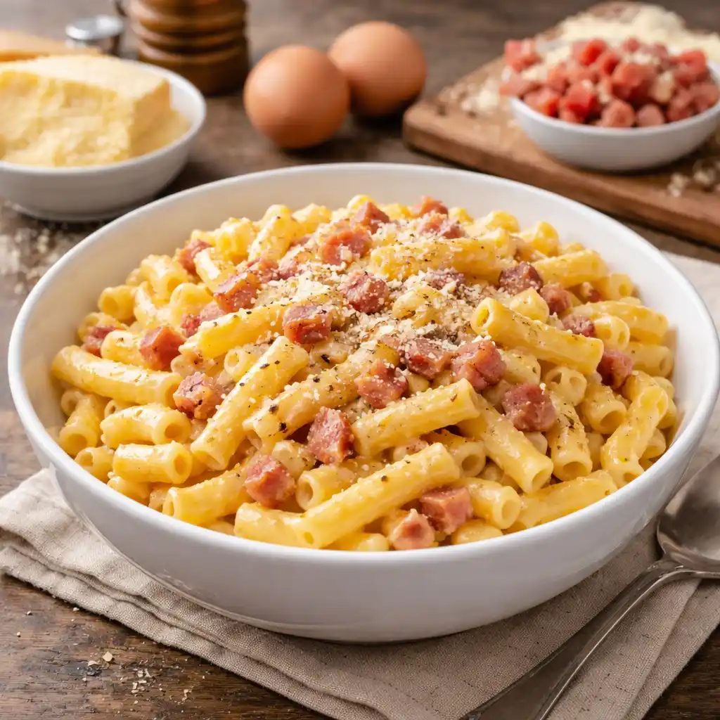 Hamburguesas de Lentejas Caseras 5 Macarrones carbonara cremosos, con trozos crujientes de panceta, espolvoreados con queso rallado y pimienta negra.