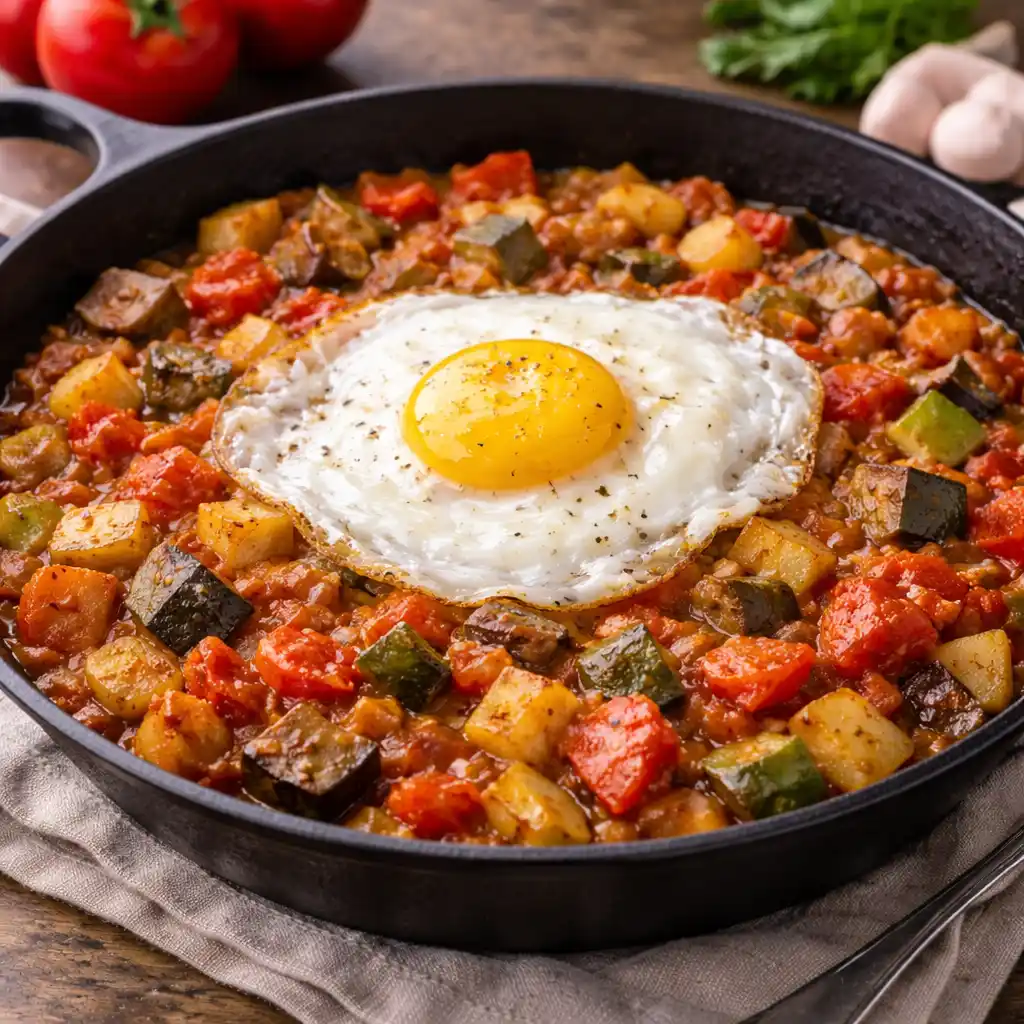 Vegan 5 Pisto manchego con huevo frito encima, guiso de tomate, pimiento, calabacín y cebolla, servido en cazuela de barro.