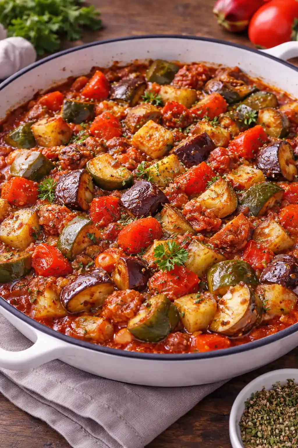Hamburguesas de Lentejas Caseras 9 Guiso de ratatouille en cazuela de barro, con verduras como berenjena, calabacín y pimiento cortadas en cubos y cocidas en salsa de tomate.