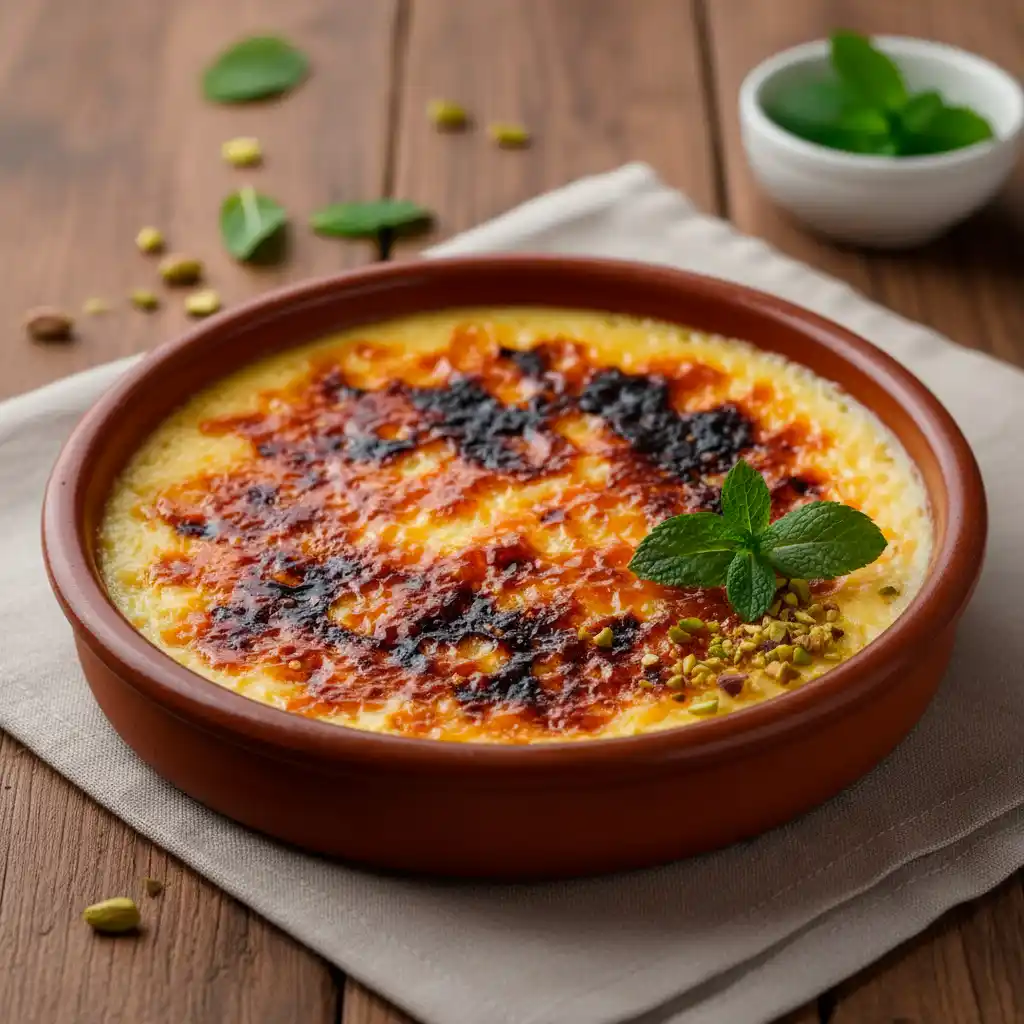 Dessert 6 Crema Catalana, postre cremoso de vainilla y limón con una capa crujiente de azúcar quemada al soplete, servida en cazuela de barro.