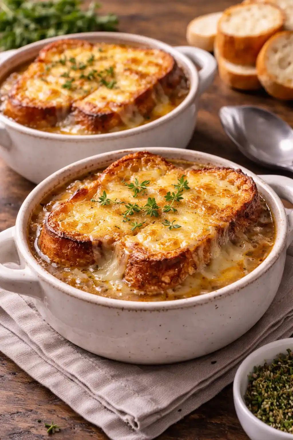 Sopas y cremas 24 Sopa de cebolla francesa gratinada, servida en cazuela de barro individual, con una capa dorada y burbujeante de queso fundido.
