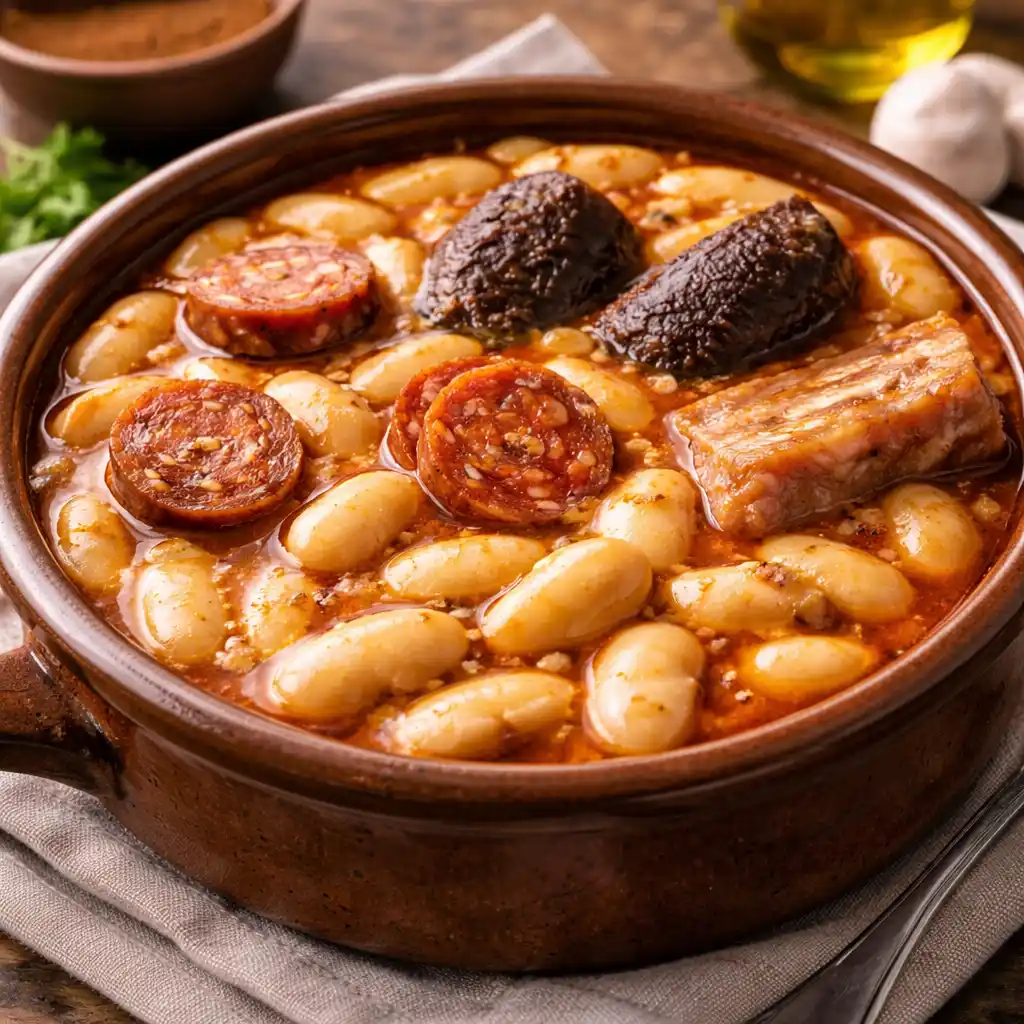 Legumbres 14 Guiso de fabada asturiana en cazuela de barro, con fabes blancas en caldo espeso y trozos de chorizo, morcilla y panceta.