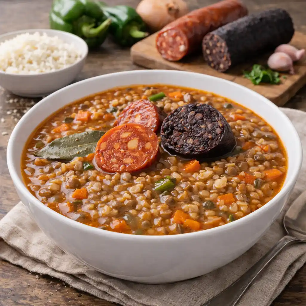 Sopa de verduras 5 Guiso de lentejas con chorizo y morcilla, servido en cazuela de barro, mostrando el caldo espeso y los ingredientes.