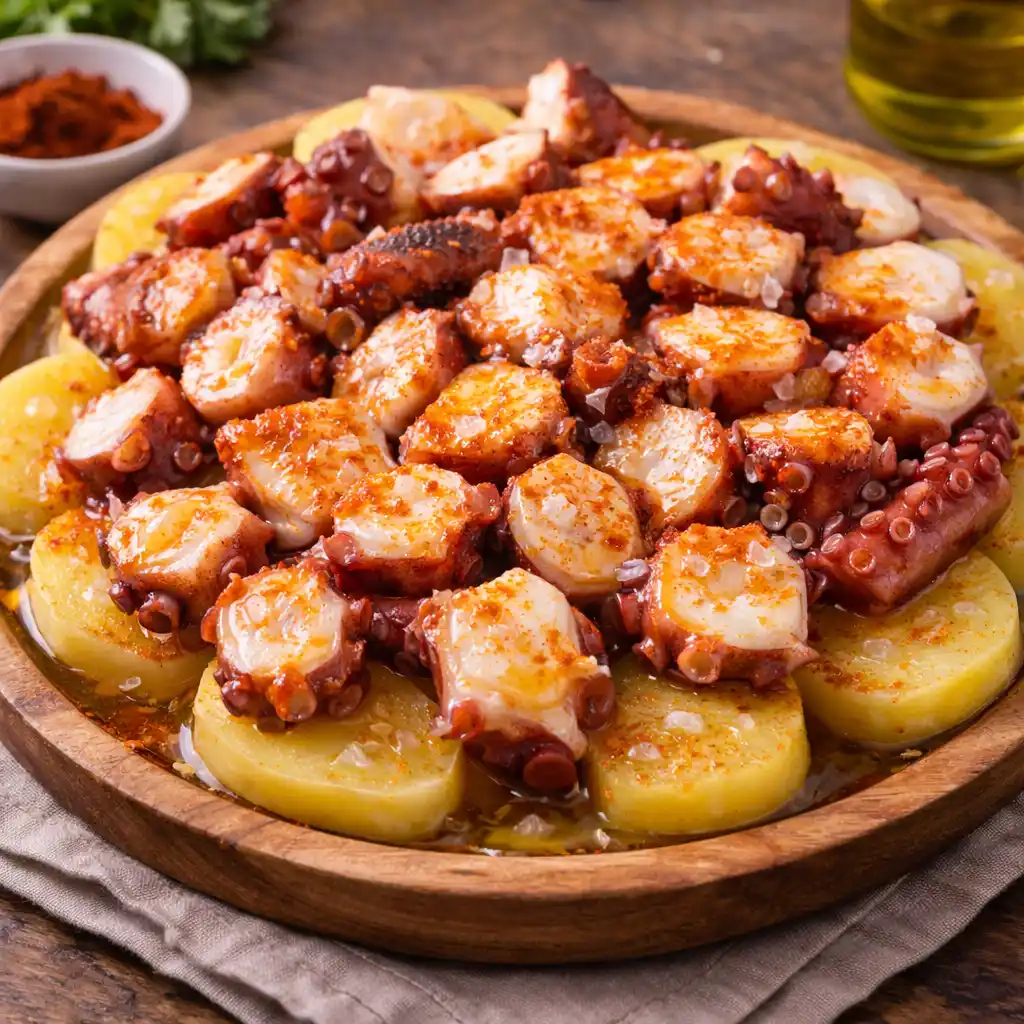 Merluza a la vasca 10 Pulpo a la Gallega servido en plato de madera, con rodajas de pulpo cocido sobre patatas, espolvoreado con pimentón y aceite de oliva.