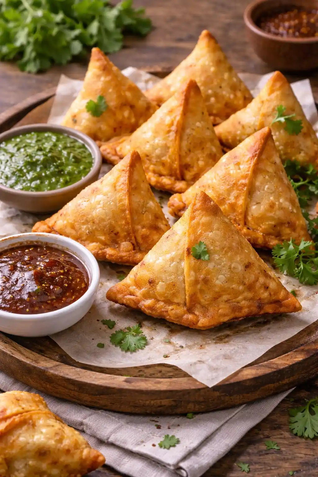 Varias samosas triangulares de masa dorada y crujiente, servidas en un plato con salsa de yogur y ramitas de cilantro fresco.
