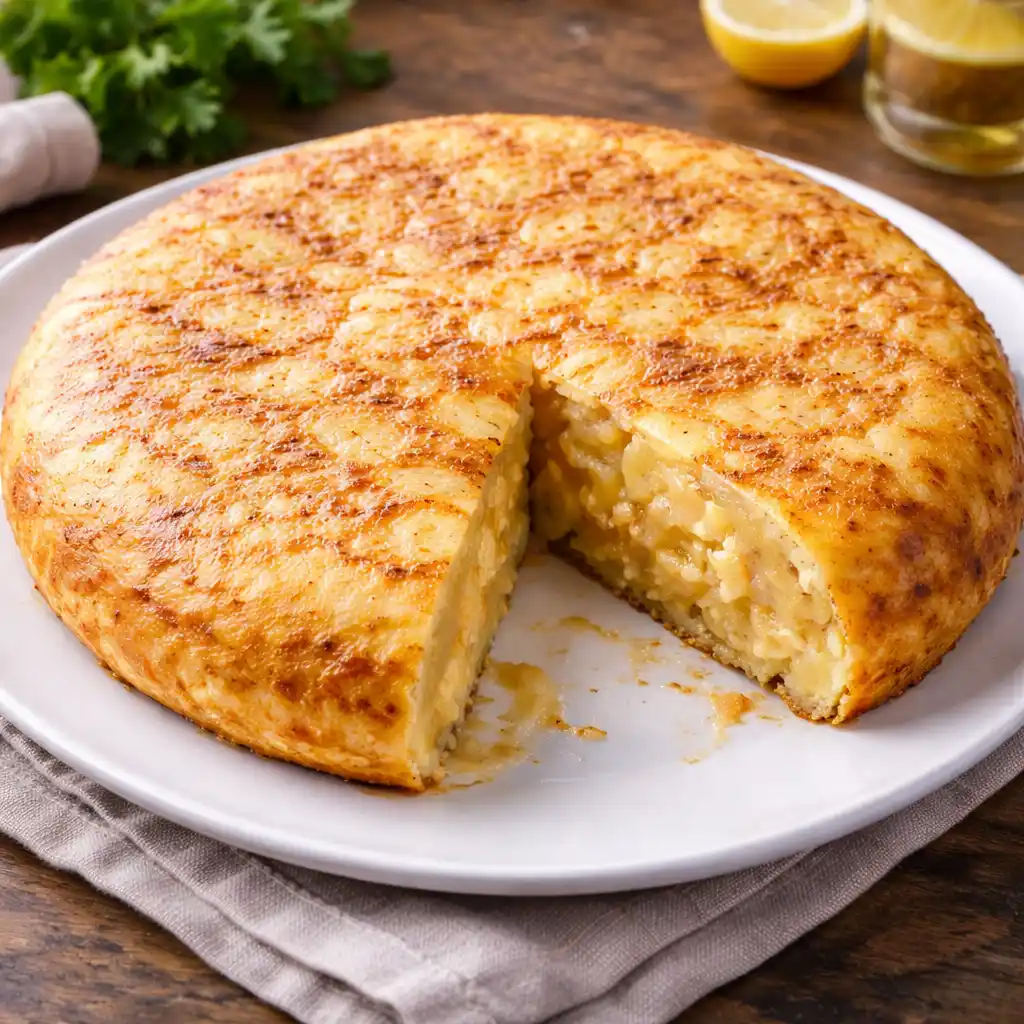 Aperitivos 1 Tortilla de patatas española, dorada por fuera, servida en la sartén o en un plato, mostrando su forma redonda y gruesa.
