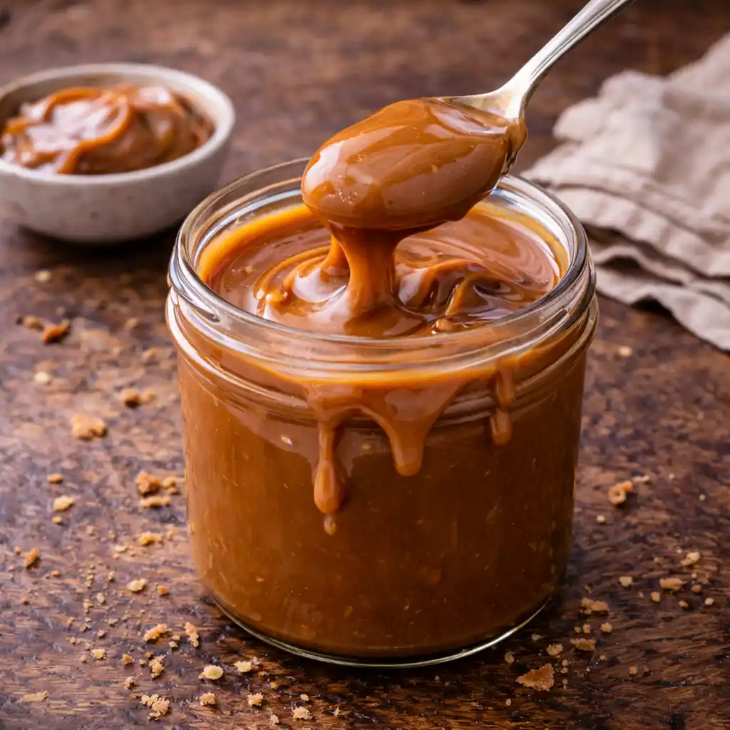 Dulce de Leche Casero 1 Un frasco de cristal lleno de dulce de leche casero, de color marrón caramelo intenso y textura cremosa. Una cuchara de metal levanta una porción generosa, mostrando cómo el dulce cae lentamente. El frasco tiene gotas que resbalan por el borde y reposa sobre una mesa de madera oscura con migas de galleta y una servilleta de lino al fondo.
