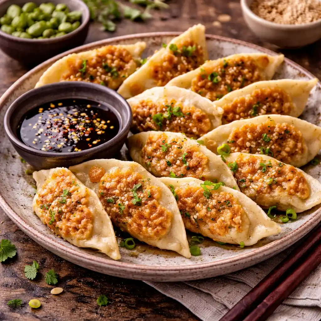 Coliflor con Bechamel 4 Una fuente circular con una docena de gyozas japonesas artesanales, doradas por un lado y espolvoreadas con semillas de sésamo y cebollino picado. En el centro, un cuenco pequeño con salsa de soja y copos de chile. Al fondo se aprecian palillos de madera, un bol con edamames y otro con sésamo sobre una mesa rústica oscura.