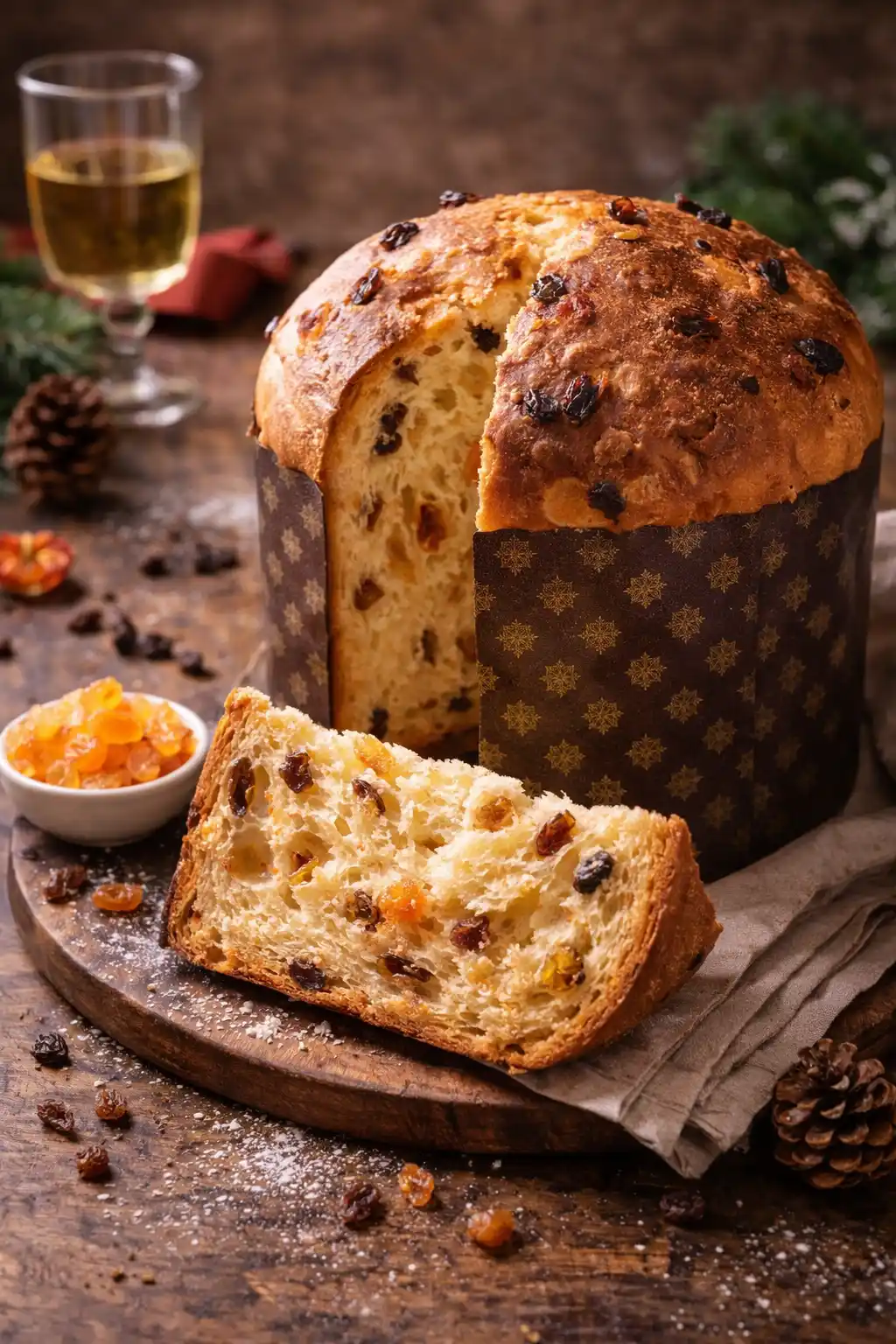 Hummus de garbanzos 9 Panettone italiano casero de masa esponjosa con pasas y frutas confitadas, cortado en rebanada sobre tabla de madera rústica, con interior alveolado visible e iluminación cálida natural.