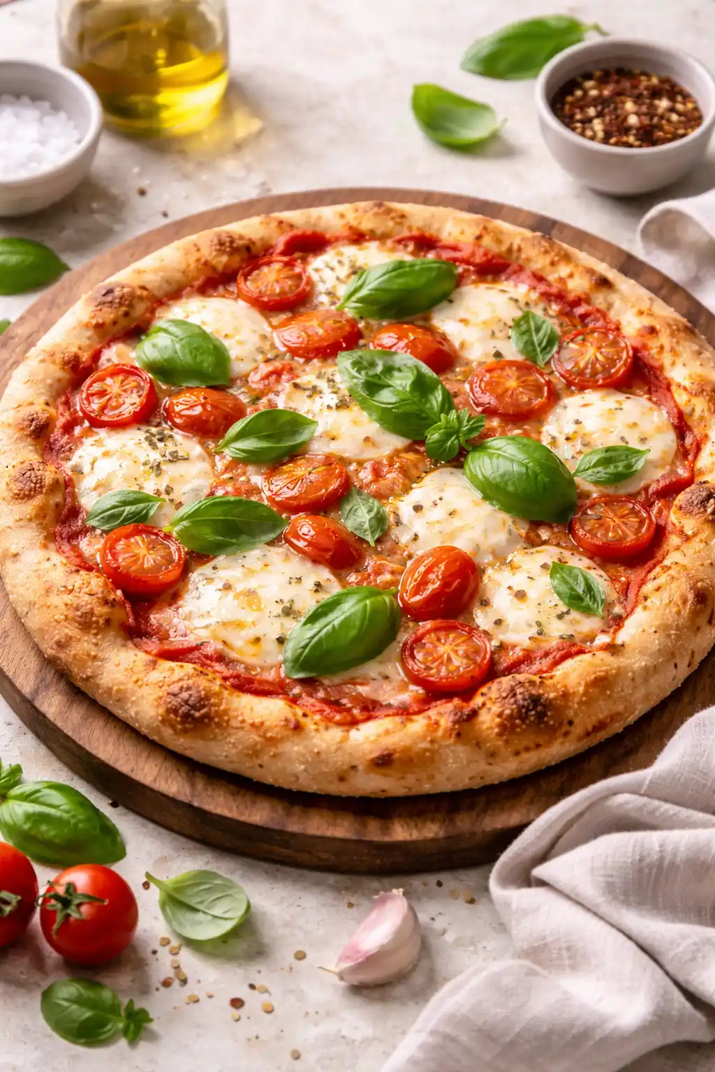 Hummus de garbanzos 4 Pizza artesanal recién horneada sobre una tabla de madera redonda. La pizza tiene una base crujiente con salsa de tomate, abundantes rodajas de queso mozzarella derretido, tomates cherry partidos por la mitad y hojas de albahaca fresca. Alrededor hay ingredientes como aceite de oliva, granos de sal y más albahaca sobre una superficie clara.