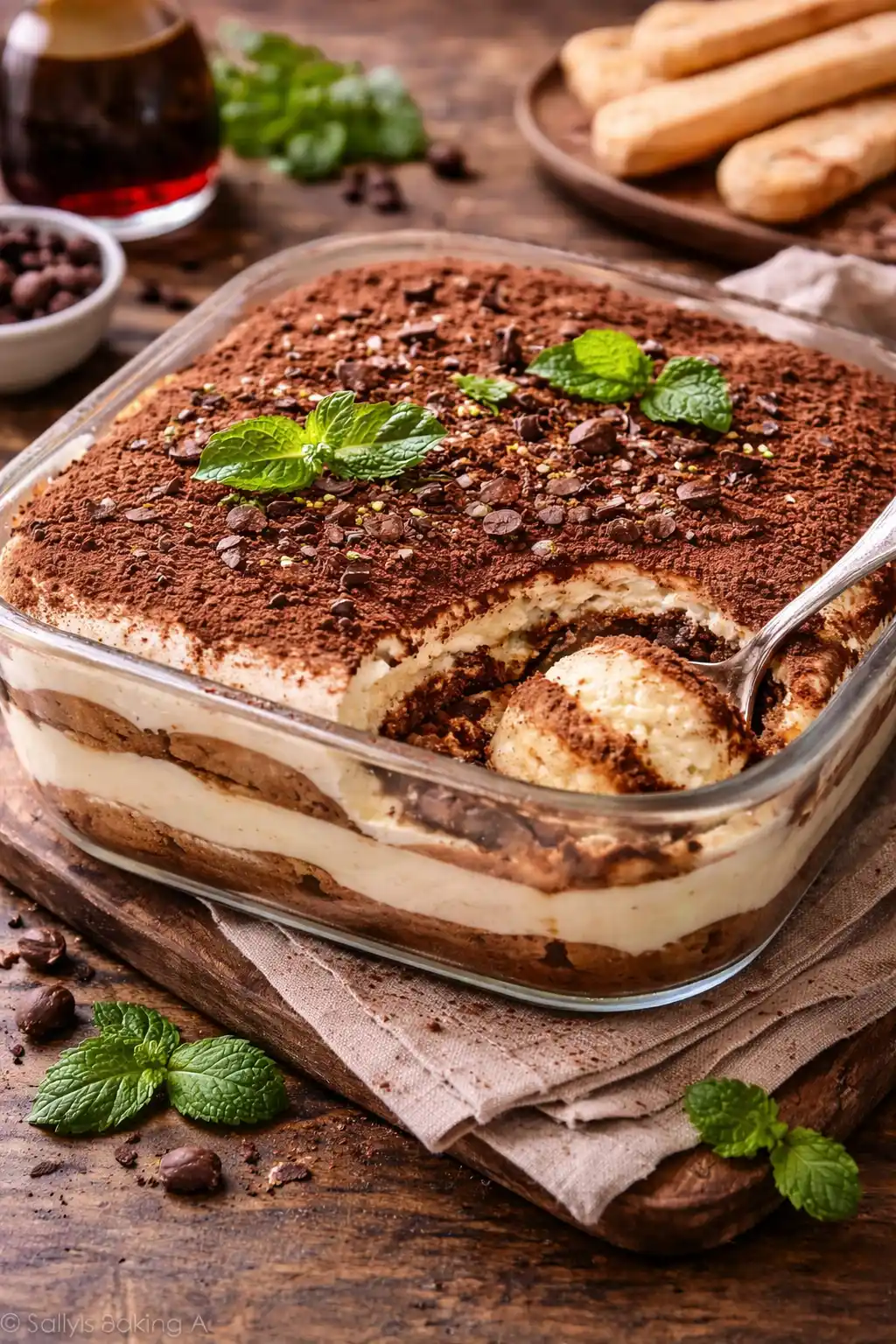 Pozole Mexicano 8 Tiramisú italiano casero servido en fuente de cristal, con capas visibles de bizcochos de soletilla empapados en café y crema de mascarpone, espolvoreado con cacao en polvo y decorado con hojas de menta fresca, presentado sobre mesa rústica de madera con iluminación cálida.