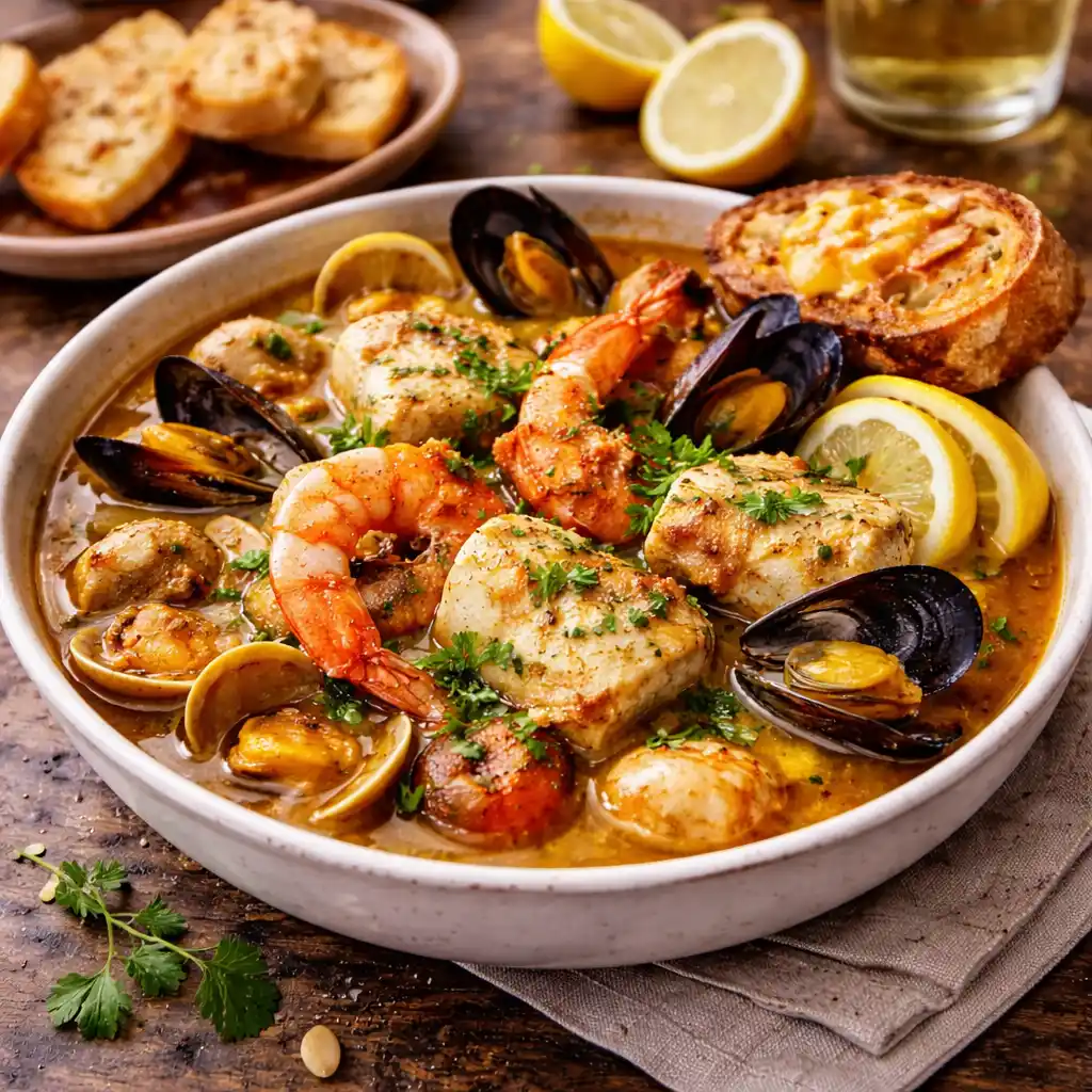 Bouillabaisse (Bullabesa) 1 Un cuenco blanco con bouillabaisse francesa, un guiso de pescado y mariscos en un caldo dorado. Se observan langostinos grandes, mejillones en su concha, almejas y trozos de pescado blanco, todo decorado con perejil fresco y rodajas de limón. Acompañado de una rebanada de pan tostado con rouille y más pan al fondo sobre una mesa de madera oscura.