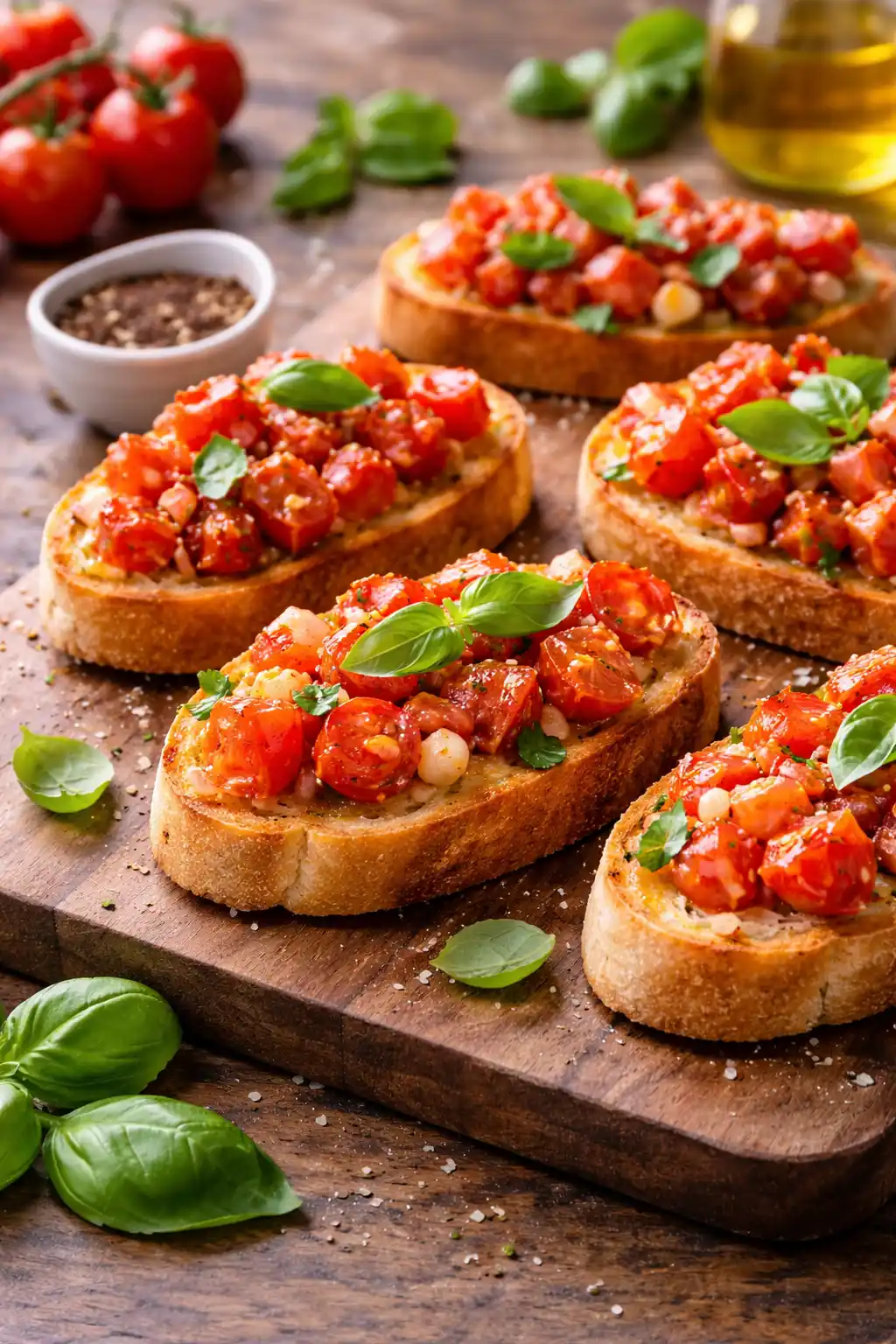 Meatloaf (Pastel de Carne) 8 Cinco bruschettas italianas servidas sobre una tabla de madera oscura. Cada rebanada de pan tostado está cubierta con una generosa mezcla de tomates picados, ajo y albahaca fresca. El fondo muestra ingredientes rústicos como tomates cherry enteros, hojas de albahaca sueltas, un pequeño cuenco con especias y una botella de aceite de oliva desenfocada.