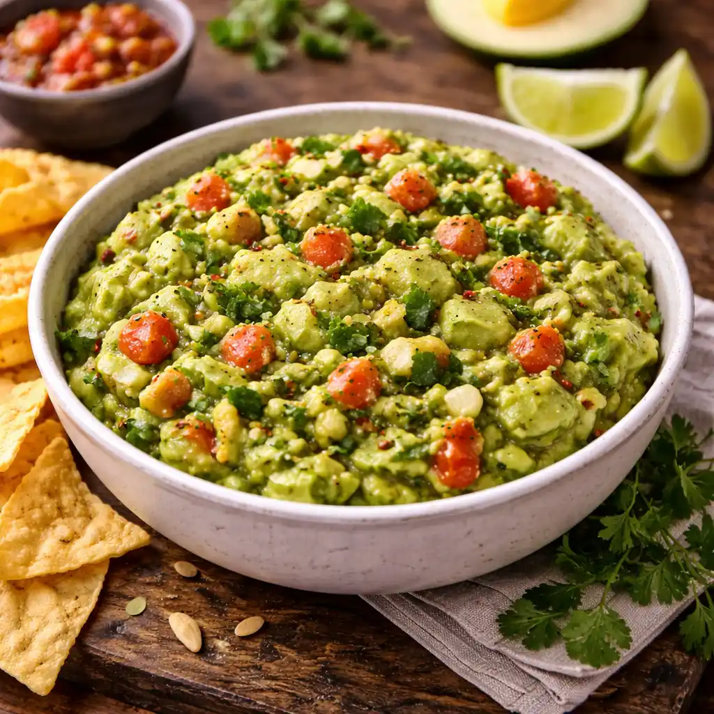 Aperitivos 19 Un bol blanco de cerámica lleno de guacamole casero con una textura rústica. La mezcla incluye trozos visibles de aguacate, tomates cherry pequeños, cebolla y cilantro fresco picado. Al lado del bol hay totopos de maíz crujientes, rodajas de lima, una mitad de aguacate y un pequeño cuenco con salsa roja sobre una mesa de madera oscura.