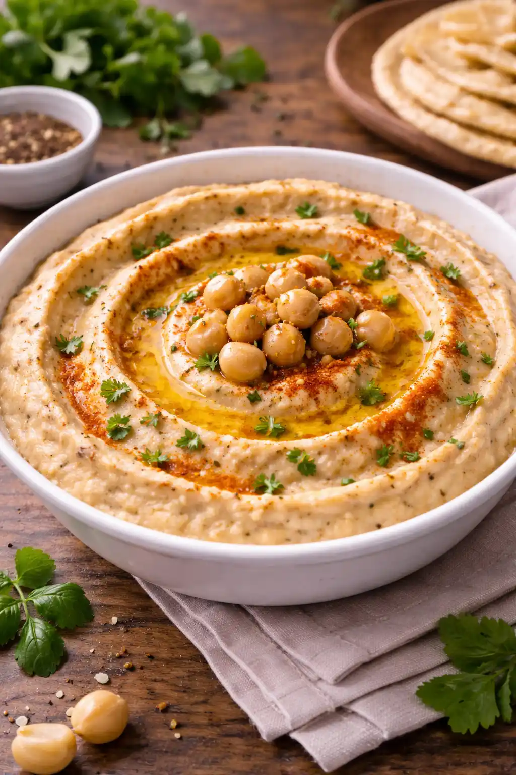 Legumes 1 Un tazón blanco con hummus cremoso servido sobre una servilleta de tela gris. El hummus tiene un remolino decorativo con aceite de oliva, pimentón espolvoreado, perejil fresco y un montón de garbanzos enteros en el centro. Al fondo se ven panes pita, cuencos con especias y una botella de aceite sobre una mesa de madera.