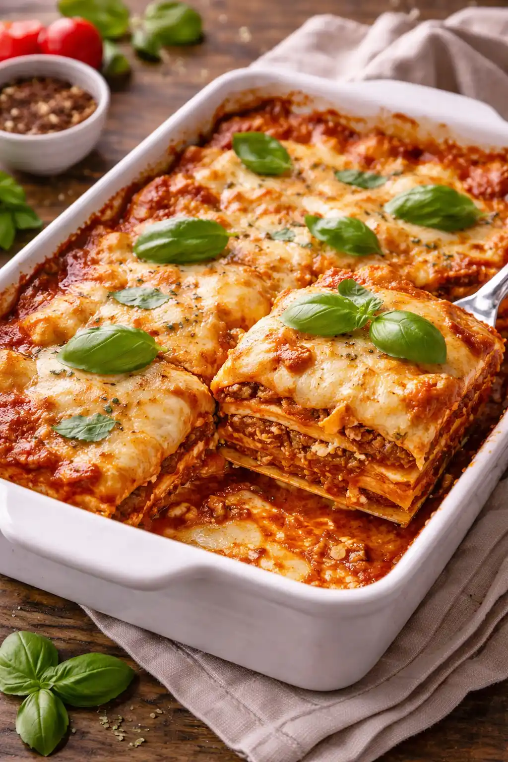 Una fuente rectangular blanca con lasaña de carne recién horneada. Se ve una porción siendo levantada con una espátula, revelando capas de pasta, salsa boloñesa y queso fundido. La parte superior está cubierta con queso dorado y hojas de albahaca fresca. Alrededor hay ingredientes como tomates y especias sobre una mesa de madera.