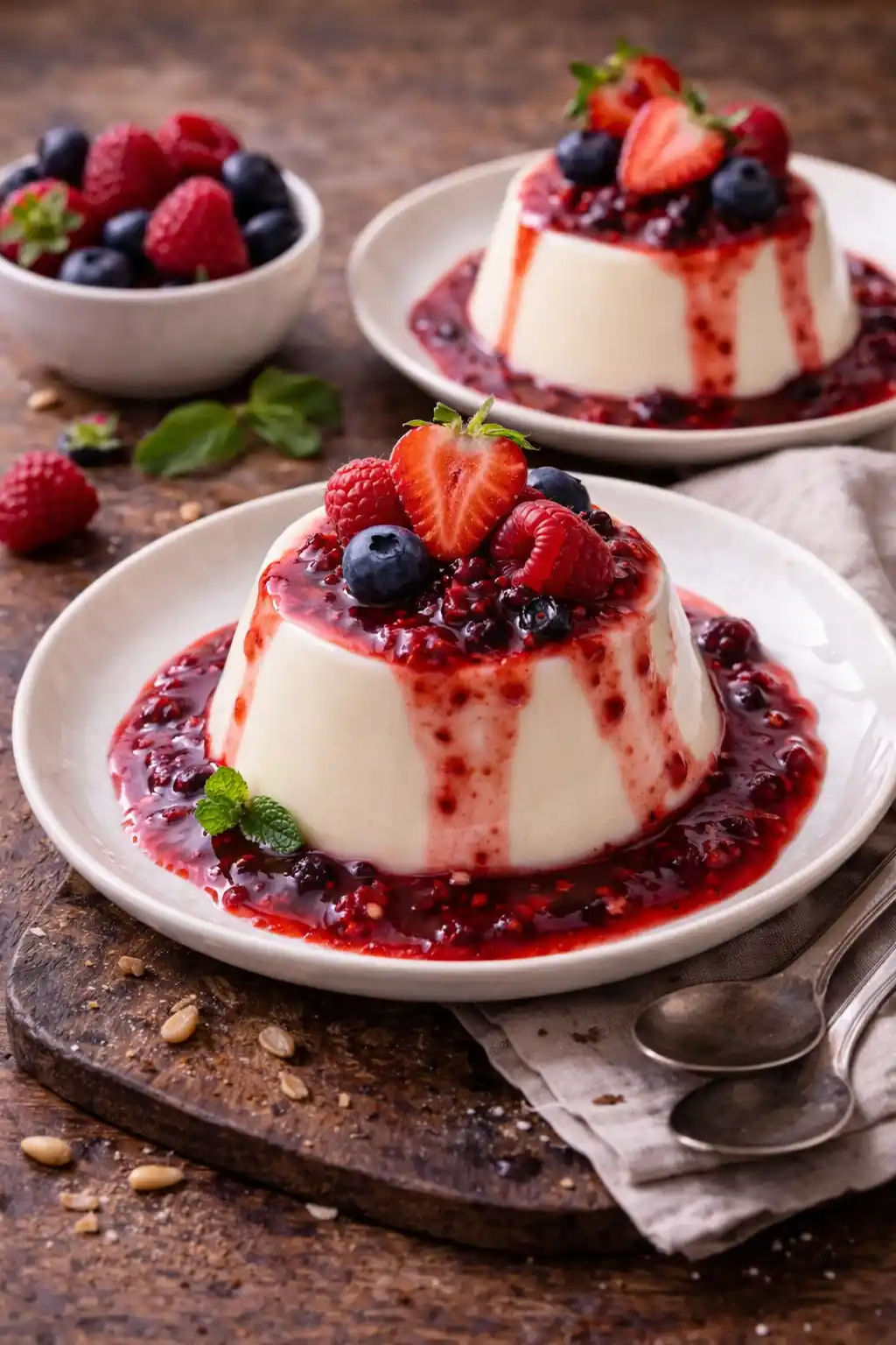 Panna Cotta Italiana 1 Dos postres de panna cotta blanca servidos en platos individuales. Cada panna cotta está bañada con un coulis de frutos rojos que chorrea por los lados y decorada en la parte superior con fresas frescas cortadas, frambuesas y arándanos. Al fondo se ve un cuenco con más bayas y cucharas de postre sobre una mesa de madera rústica.