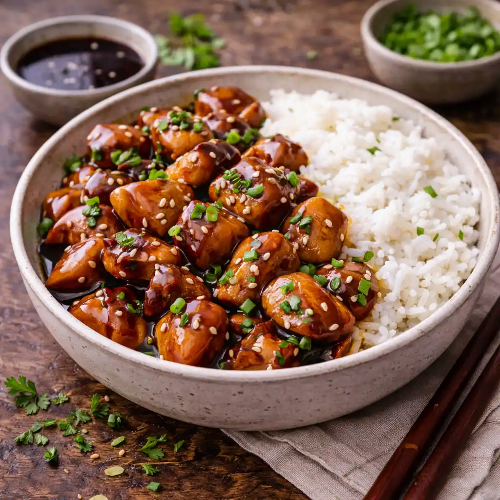 Salchichas al vino 6 Un bol de cerámica con pollo teriyaki brillante y caramelizado, servido junto a una porción de arroz blanco al vapor. El pollo está espolvoreado con semillas de sésamo y cebollino fresco picado. Al fondo se ve un cuenco pequeño con salsa de soja, otro con más cebollino y unos palillos de madera sobre una servilleta de lino en una mesa rústica.