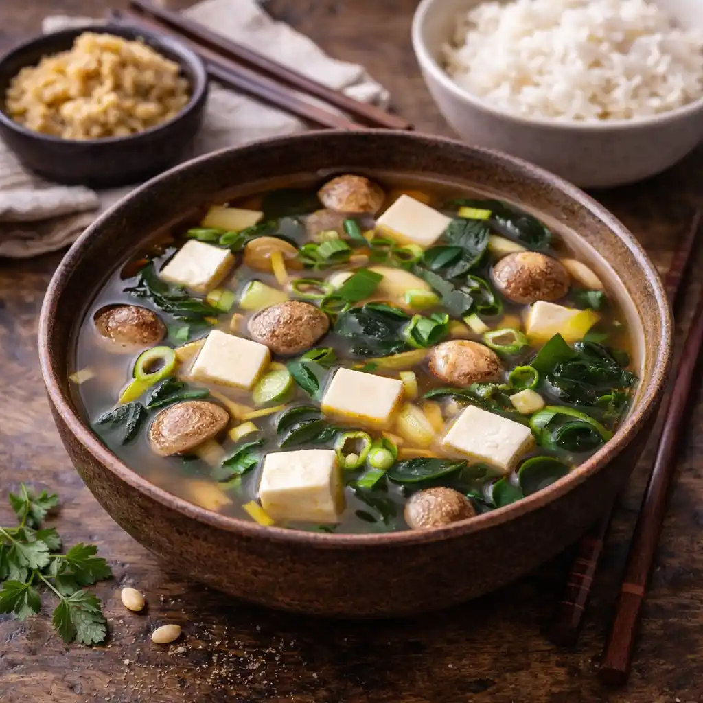 Bouillabaisse (Bullabesa) 3 Un bol rústico de cerámica oscura lleno de sopa de miso caliente. En el caldo se aprecian cubos de tofu blanco, champiñones redondos, espinacas frescas y cebollino picado. Al fondo se observa un cuenco con arroz blanco, otro pequeño con pasta de miso y unos palillos de madera sobre una mesa rústica.