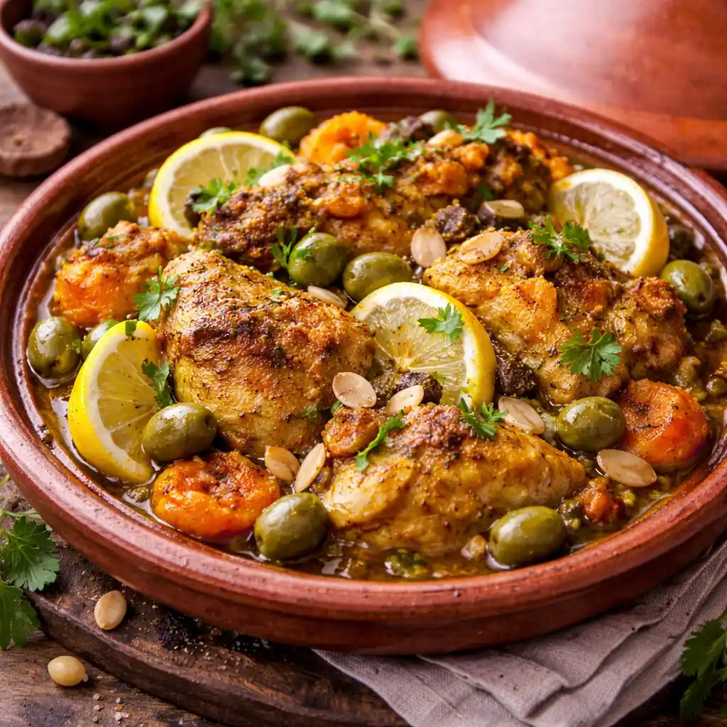 Cocina Marroquí 4 Un tajín de barro tradicional que contiene pollo guisado con especias, decorado con aceitunas verdes, rodajas de limón amarillo, almendras enteras y perejil fresco. El guiso tiene un color dorado y se presenta sobre una mesa de madera rústica con una servilleta de lino y la tapa del tajín al fondo.