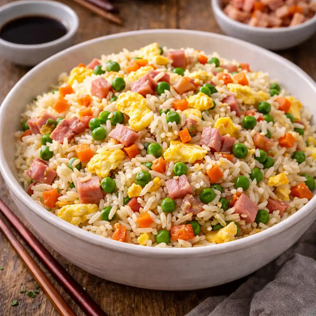 Arroz 9 Un bol de cerámica blanca lleno de arroz tres delicias estilo chino. Se aprecian los granos de arroz sueltos mezclados con abundantes guisantes verdes, trozos de tortilla de huevo amarilla, dados de zanahoria naranja y jamón cocido picado. El bol está sobre una mesa de madera oscura con palillos chinos a un lado y pequeños cuencos con salsa de soja e ingredientes al fondo.