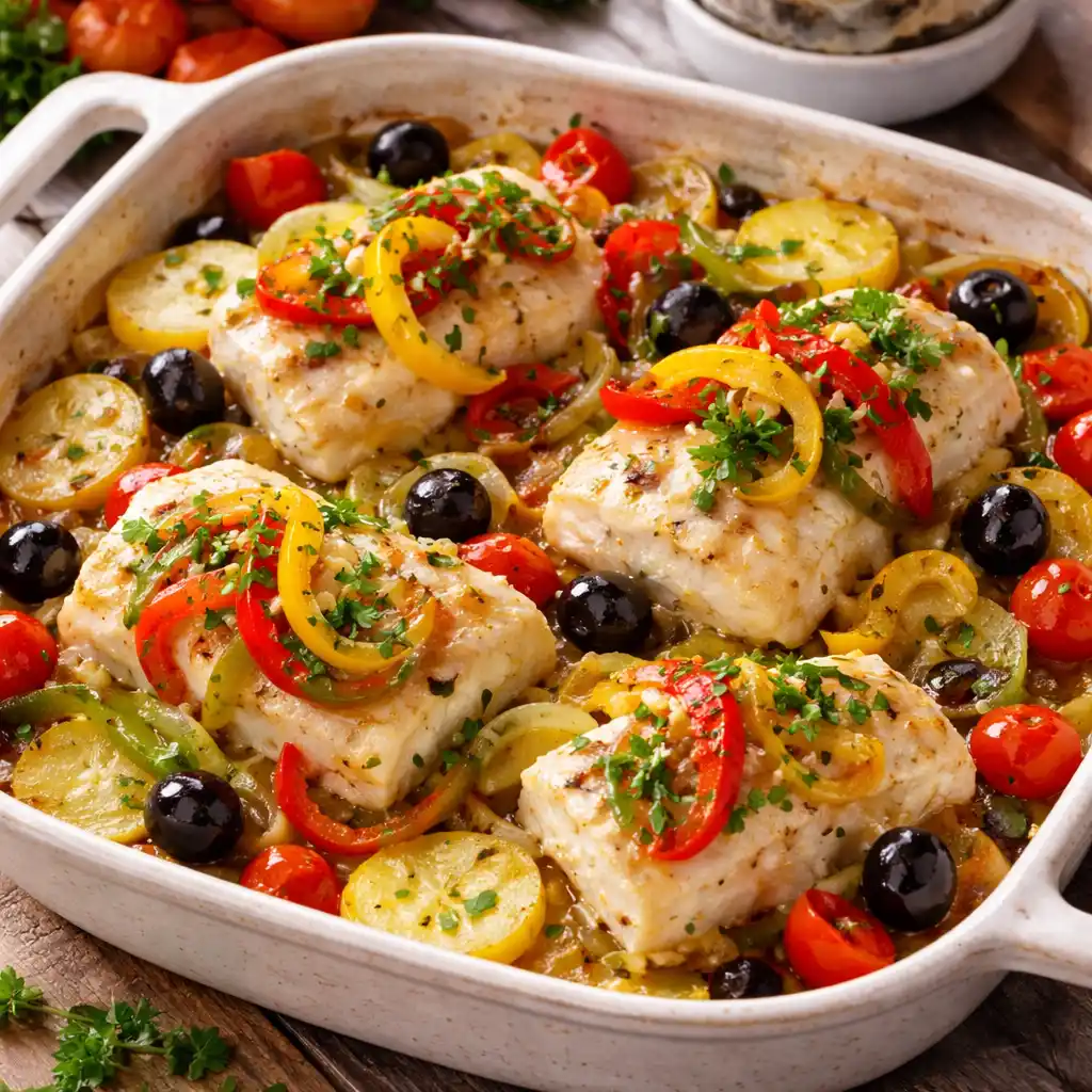 Pescados 17 Una fuente de cerámica blanca llena de bacalao a la portuguesa recién horneado. Cuatro lomos de bacalao gruesos y dorados se asientan sobre una cama de patatas asadas. Están cubiertos con pimientos rojos y amarillos en juliana, aceitunas negras, tomates cherry rojos y espolvoreados con perejil fresco picado. La fuente reposa sobre una mesa de madera rústica.