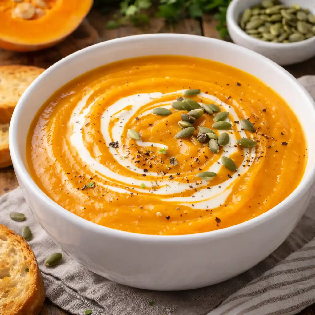 Sopas y cremas 12 Esta crema de calabaza se sirve en un bol blanco sobre una servilleta de tela, decorada con un remolino de crema líquida y semillas de calabaza tostadas por encima, acompañada de unas rebanadas de pan tostado al lado.