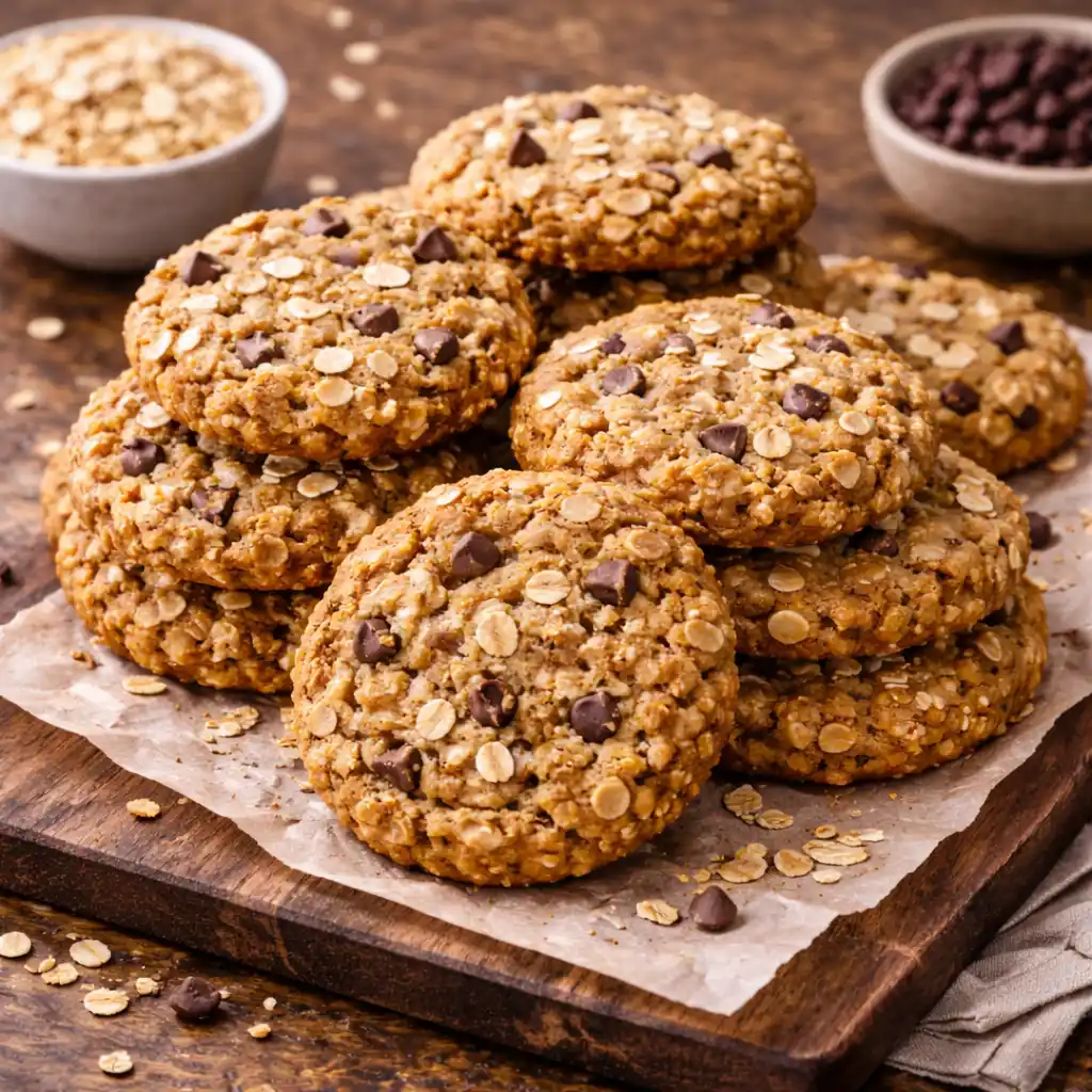 Cocina inglesa 13 Una pila de galletas de avena caseras con pepitas de chocolate, presentadas sobre papel de horno en una tabla de madera oscura. Las galletas muestran una textura rugosa con copos de avena visibles y trozos de chocolate fundido. Al fondo se ven dos cuencos pequeños, uno con copos de avena crudos y otro con chispas de chocolate, sobre una mesa de madera rústica