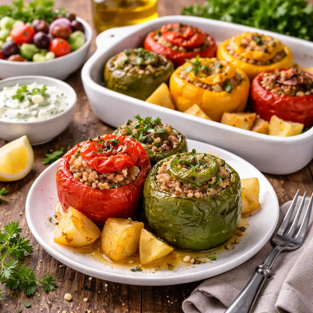 Cocina Griega 7 Un plato blanco con dos pimientos rellenos de gemista griega, uno rojo y otro verde, rellenos de una sabrosa mezcla de arroz, carne picada y hierbas. Los pimientos están acompañados de dados de patata asada dorados y jugosos. Al fondo, se aprecia una fuente de hornear con más gemistas de distintos colores (rojos, verdes y amarillos) y patatas asadas. En la mesa de madera rústica también hay cuencos con salsa tzatziki y ensalada griega fresca.
