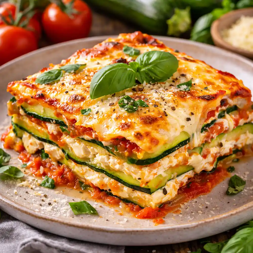 Romeritos 3 Una porción cuadrada de lasaña de calabacín servida en un plato de cerámica. Se aprecian capas alternas de láminas de calabacín verde, salsa de tomate roja y un relleno cremoso de queso blanco. La parte superior está perfectamente gratinada y dorada, decorada con hojas de albahaca fresca, queso rallado y pimienta negra. Al fondo se ven tomates cherry y calabacines frescos sobre una mesa de madera rústica
