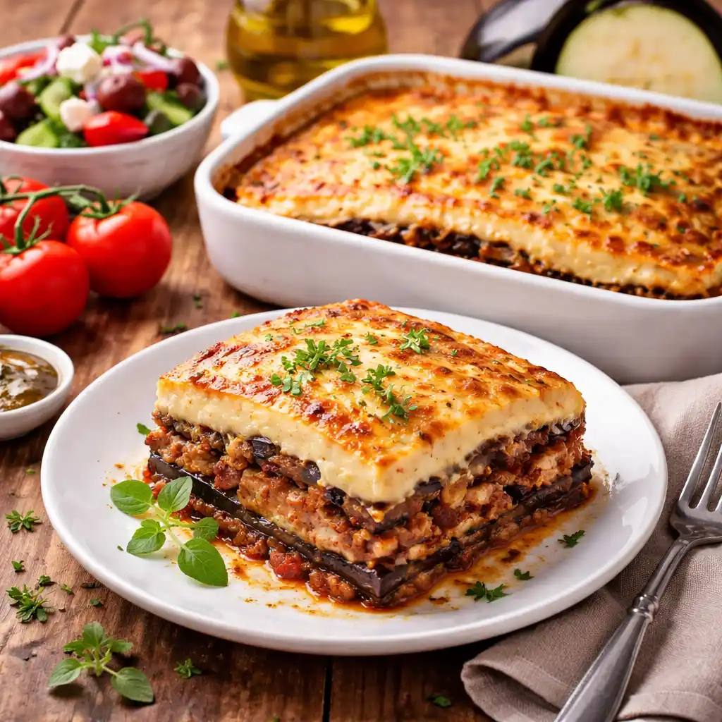 Panna Cotta Italiana 5 Una porción cuadrada de moussaka griega servida en un plato blanco, mostrando claramente sus capas: berenjena asada, una sabrosa mezcla de carne picada con tomate y una gruesa capa superior de bechamel gratinada y dorada, decorada con perejil fresco. Al fondo se ve la fuente de horneado completa, una ensalada griega fresca con queso feta y tomates cherry sobre una mesa de madera rústica.