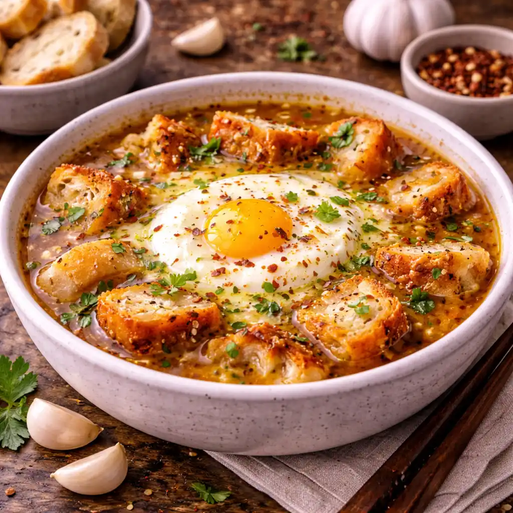 Coliflor con Bechamel 6 Un bol de cerámica con sopa de ajo casera, de caldo dorado y aromático. En el centro destaca un huevo escalfado con la yema líquida, rodeado de abundantes trozos de pan tostado crujiente. La sopa está espolvoreada con pimentón, copos de chile y perejil fresco. Al fondo se ven dientes de ajo, un cuenco con más pan y otro con especias sobre una mesa de madera rústica.