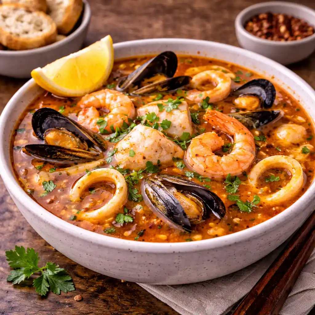 Sopas y cremas 16 Un bol de cerámica con sopa de marisco casera de caldo rojizo espeso. En su interior se ven langostinos, mejillones en su concha, anillas de calamar y trozos de pescado blanco, todo espolvoreado con perejil fresco. Se acompaña de una rodaja de limón y al fondo se ve un cuenco con pan tostado y otro con copos de chile sobre una mesa de madera oscura.
