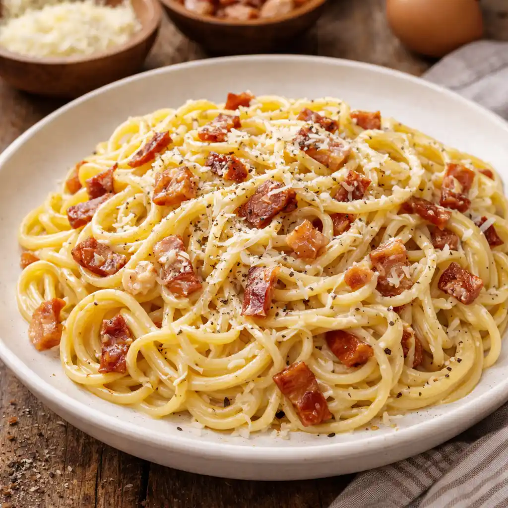 Un plato hondo con espaguetis a la carbonara, bañados en una salsa de huevo y queso suave y brillante. La pasta está mezclada con abundantes trozos dorados y crujientes de guanciale o panceta, y espolvoreada con pimienta negra recién molida y queso rallado. Al fondo se ven cuencos con más queso y panceta sobre una mesa de madera rústica.
