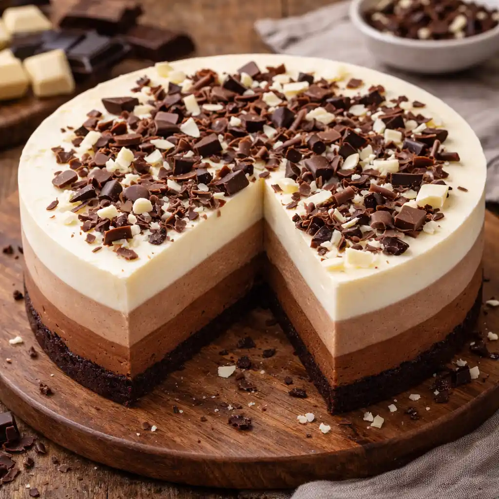 Cocina Francesa 7 Consulta realizada correctamente Gemini ha dicho Tarta de tres chocolates casera presentada sobre una tabla de madera redonda, compuesta por tres capas claramente diferenciadas de chocolate negro, con leche y blanco, decorada con virutas de chocolate en la parte superior y con una porción cortada que revela su textura cremosa