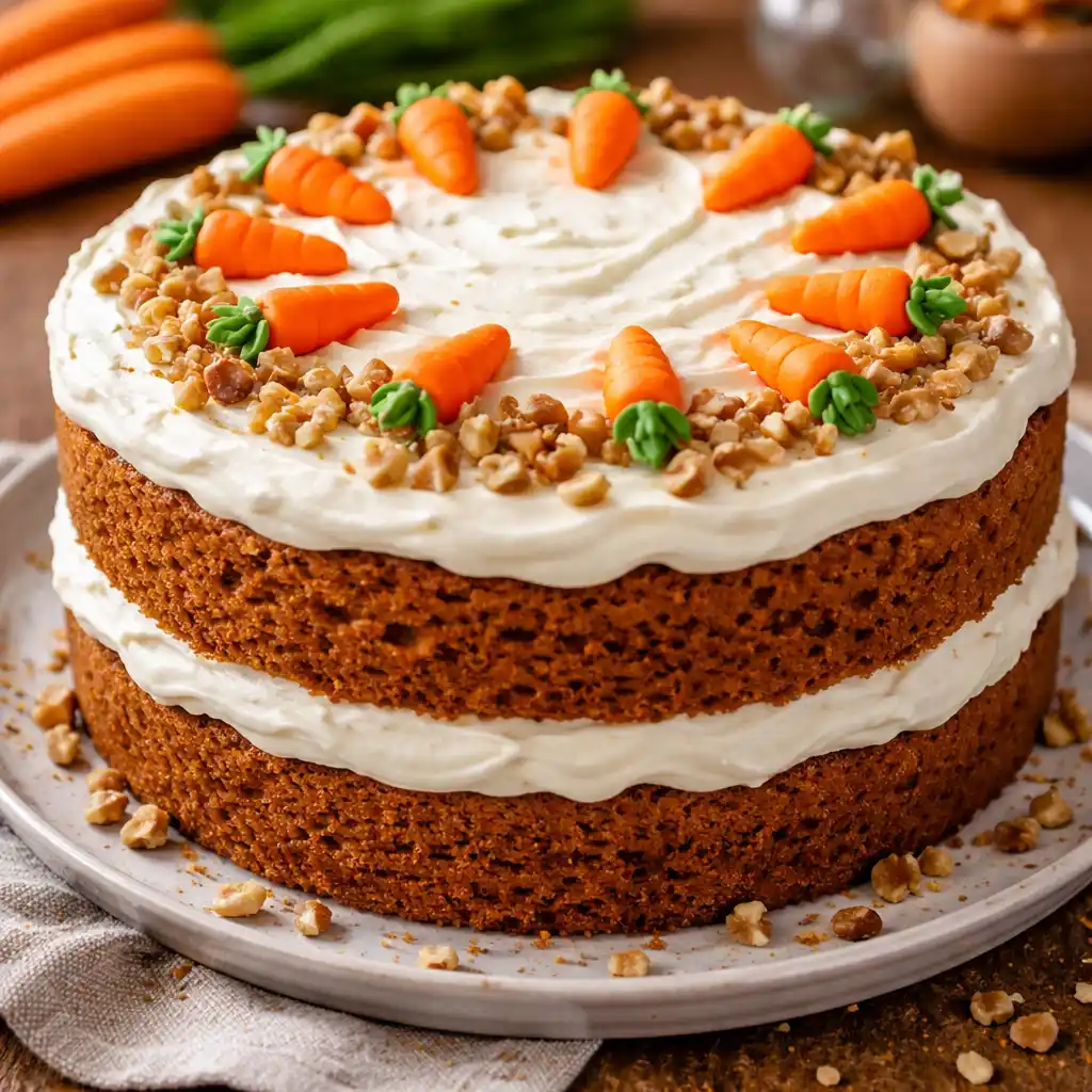 Coliflor con Bechamel 10 Una tarta de zanahoria de dos pisos con capas visibles de bizcocho esponjoso y relleno de crema de queso blanco. La parte superior está cubierta con una capa suave de frosting, decorada con pequeñas zanahorias de azúcar en círculo y trozos de nueces picadas. La tarta reposa sobre un plato de cerámica gris en una mesa de madera, con zanahorias frescas con sus hojas al fondo.