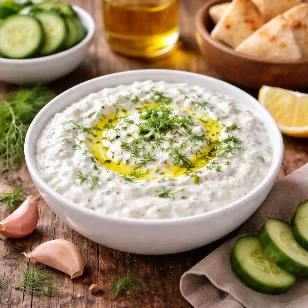 Cocina Griega 3 Un cuenco blanco hondo lleno de salsa tzatziki griega cremosa y espesa. La superficie está decorada con un generoso chorrito de aceite de oliva dorado en espiral, orégano seco y eneldo fresco picado en el centro. Al fondo, se aprecian cuencos con pan de pita caliente, rodajas de pepino fresco y gajos de limón sobre una mesa de madera rústica.