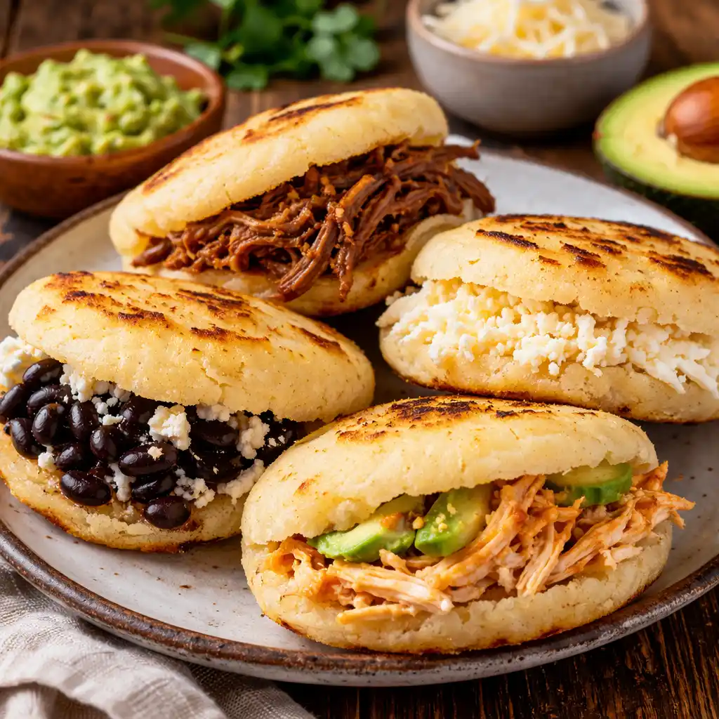 Marry Me Chicken Americano 6 Cuatro arepas de maíz caseras, doradas a la plancha, dispuestas en un plato de cerámica rústico. Cada arepa está abierta y rellena con diferentes ingredientes tradicionales: carne mechada (deshebrada) jugosa, queso blanco rallado abundante, frijoles negros con queso y pollo desmechado con láminas de aguacate fresco. Al fondo se ven cuencos con guacamole y queso rallado extra sobre una mesa de madera oscura.