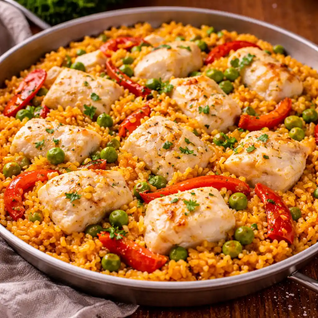 Cocina Española 23 Una paella de metal llena de arroz con bacalao tradicional. El arroz tiene un tono dorado y suelto, mezclado con guisantes verdes frescos y tiras de pimiento rojo asado. Sobre el arroz reposan varios lomos de bacalao desalado, dorados y jugosos, espolvoreados con perejil fresco picado. La paella está sobre una mesa de madera rústica con una servilleta de lino gris al lado.
