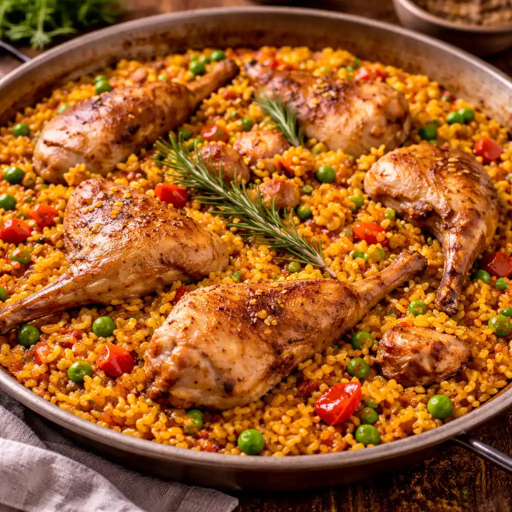 Carnes 19 Una paella de metal con arroz con conejo casero. El arroz tiene un tono amarillento y está mezclado con guisantes verdes y trozos de tomate rojo. Sobre el arroz reposan varios trozos de conejo (muslos y costillas) bien dorados y especiados, decorados con una rama de romero fresco en el centro. La paella está sobre una mesa de madera oscura.