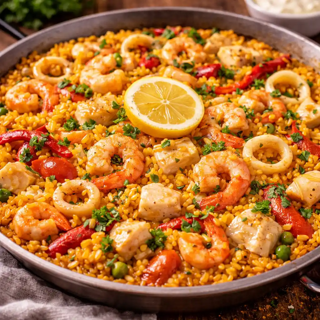 Arroz 3 Una paella de arroz del senyoret casero con un grano dorado y suelto. El arroz está repleto de gambas peladas, anillas de calamar tiernas y trozos de pescado blanco (rape). Se aprecian guisantes, tiras de pimiento rojo asado y está coronado con una rodaja de limón central y perejil fresco picado. La paella se presenta sobre una mesa de madera rústica.