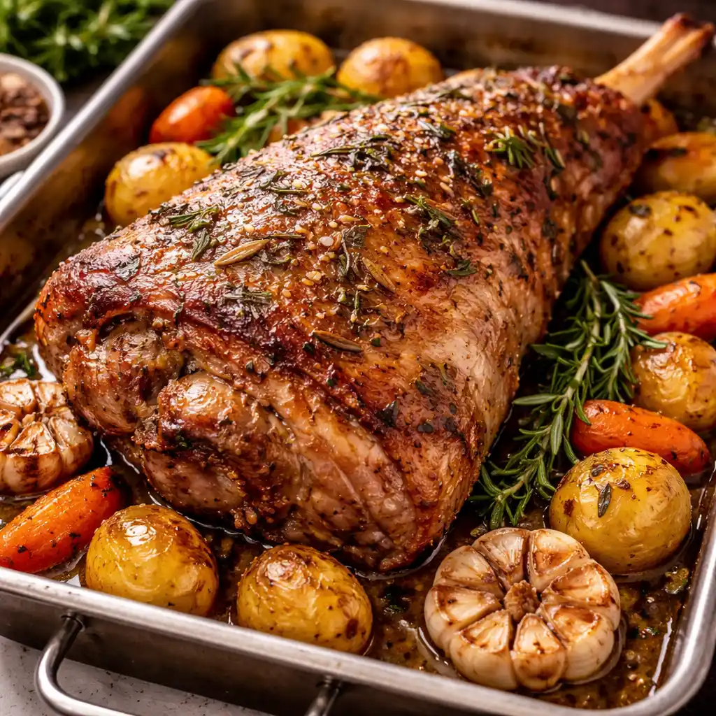Carnes 17 Esta pierna de cordero al horno se presenta en una bandeja de asar con patatas doradas, zanahorias asadas y cabezas de ajo caramelizadas, todo bañado en un delicioso jugo y decorado con ramitas frescas de romero.