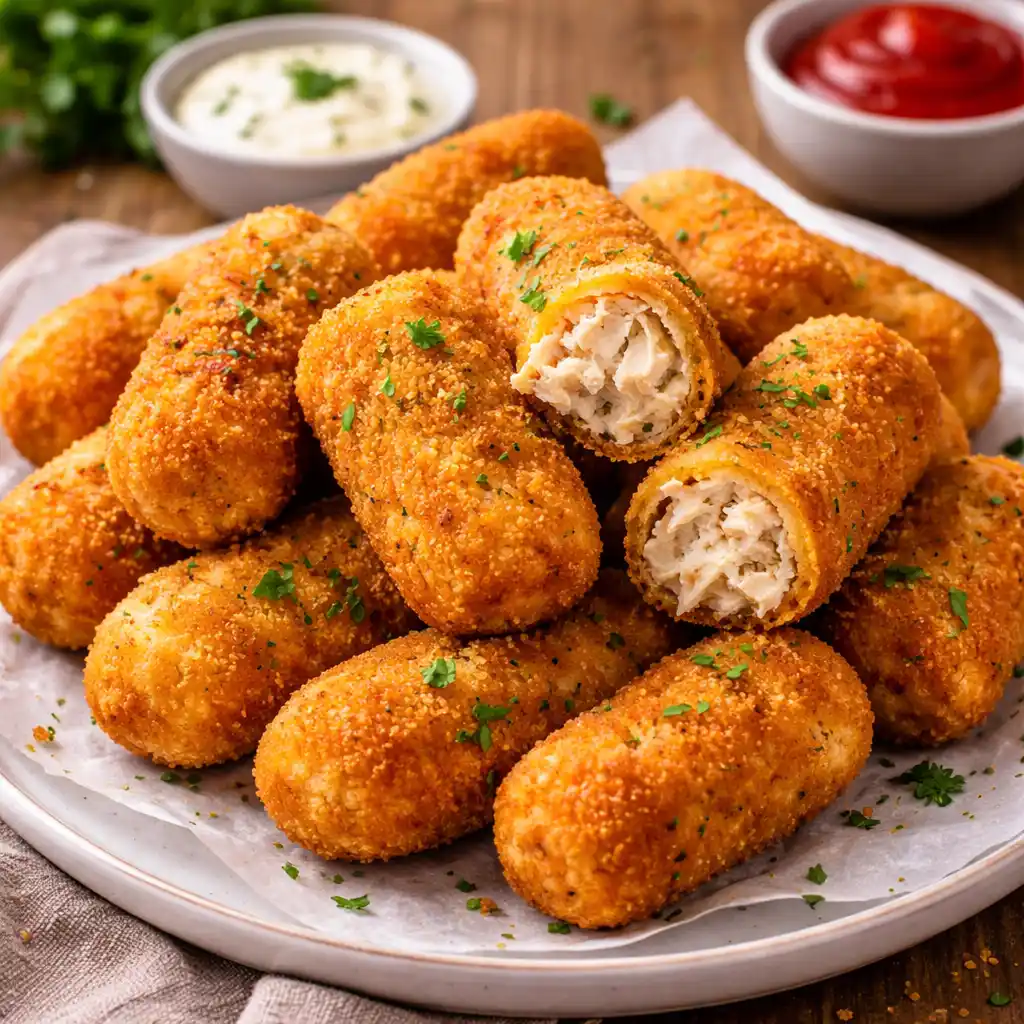 Pollo con almendras 9 Estas croquetas de pollo tienen un aspecto crujiente y un relleno que se ve súper meloso. Aquí tienes las opciones para el texto alternativo: Opción 1: Descriptiva y detallada (Ideal para blogs de cocina) "Una montaña de croquetas de pollo caseras con un rebozado dorado y crujiente, servidas en un plato blanco con papel absorbente. Una de las croquetas está partida a la mitad, revelando un relleno de bechamel cremosa y trozos de pollo. Están espolvoreadas con perejil fresco y acompañadas al fondo por cuencos con mayonesa y salsa de tomate sobre una mesa de madera.